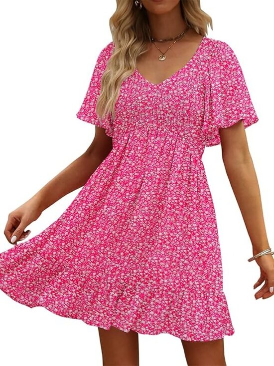 Dresses & Skirts - Flowy Mini Dress with Pockets, V-Neck, Smocked Bodice, Summer Casual - Medium